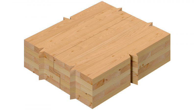 Cross laminated timber (CLT) panels comprise 4-8 layers of timber set at 90° angles per layer.